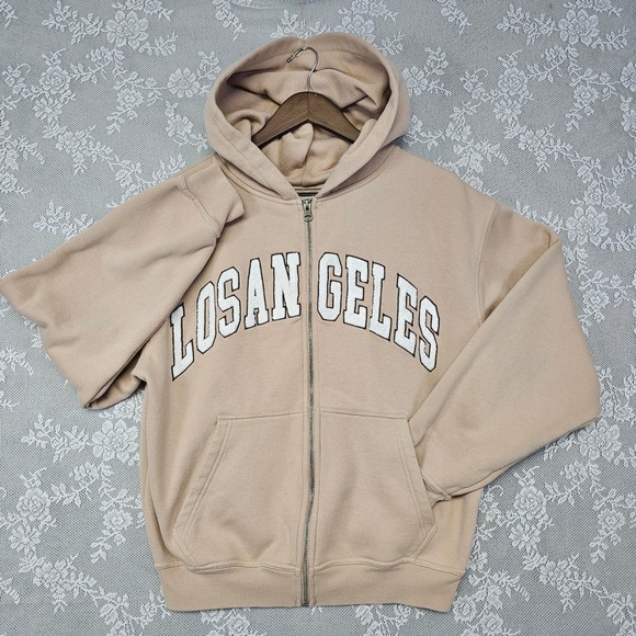 Pacsun Los Angeles Chenille Full Zip Up Hoodie Sweatshirt Men's Small Beige - Picture 1 of 11